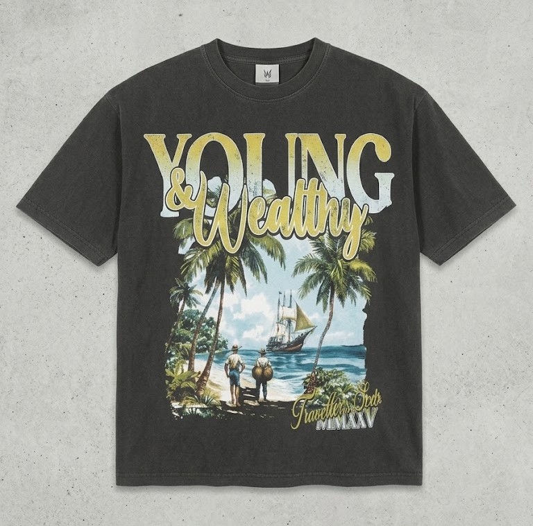 Young & Wealthy graphic shirt in washed charcoal