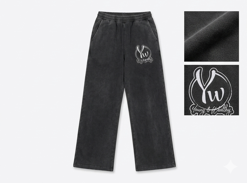 Young & Wealthy sweatpants product flat lay in washed black